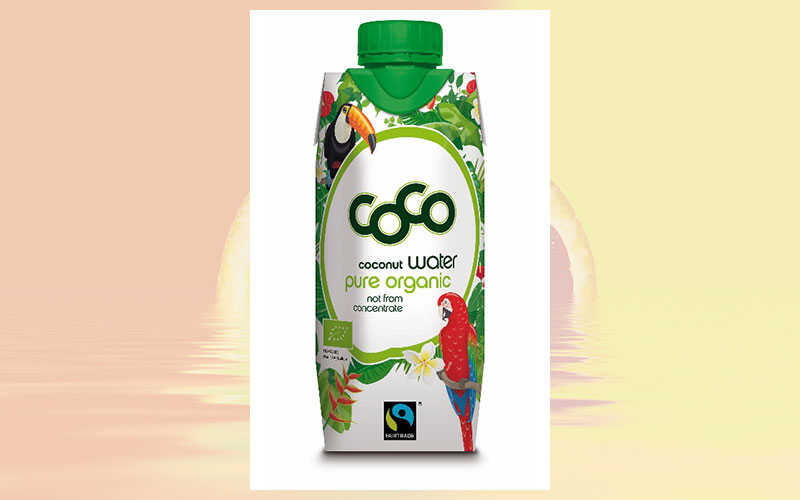 Organic coconut water from the green nut - FAIRTRADE Eye-catcher for the shelves: NEW in a bright tropical design