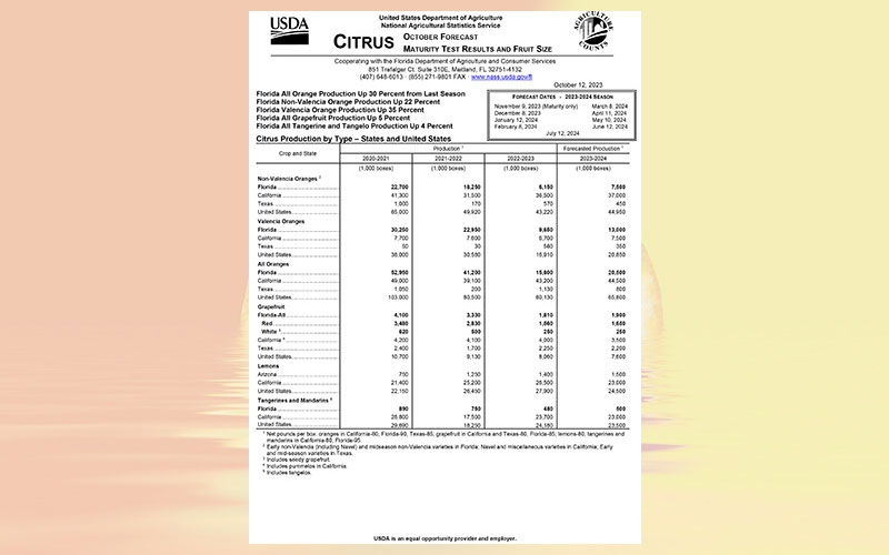 USDA: Florida citrus October 2023 forecast
