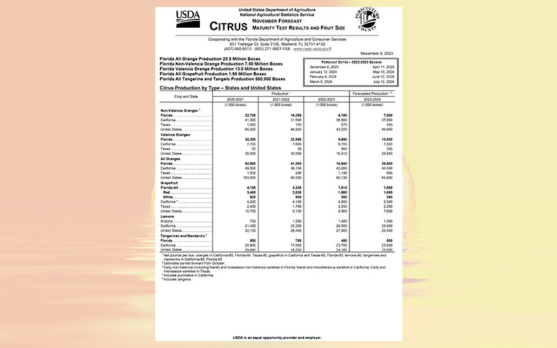 USDA: Florida citrus November 2023 forecast