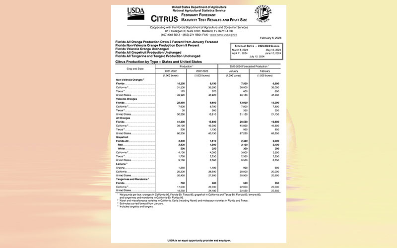 USDA: Florida citrus February 2024 forecast