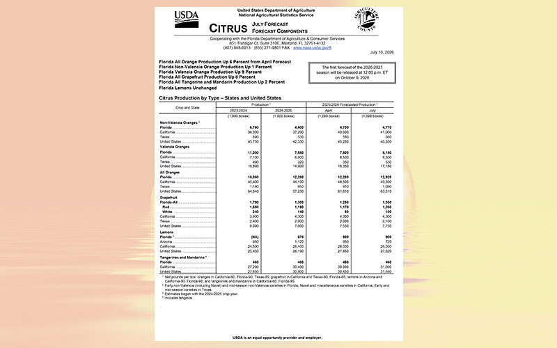 USDA: Florida citrus July 2026 forecast
